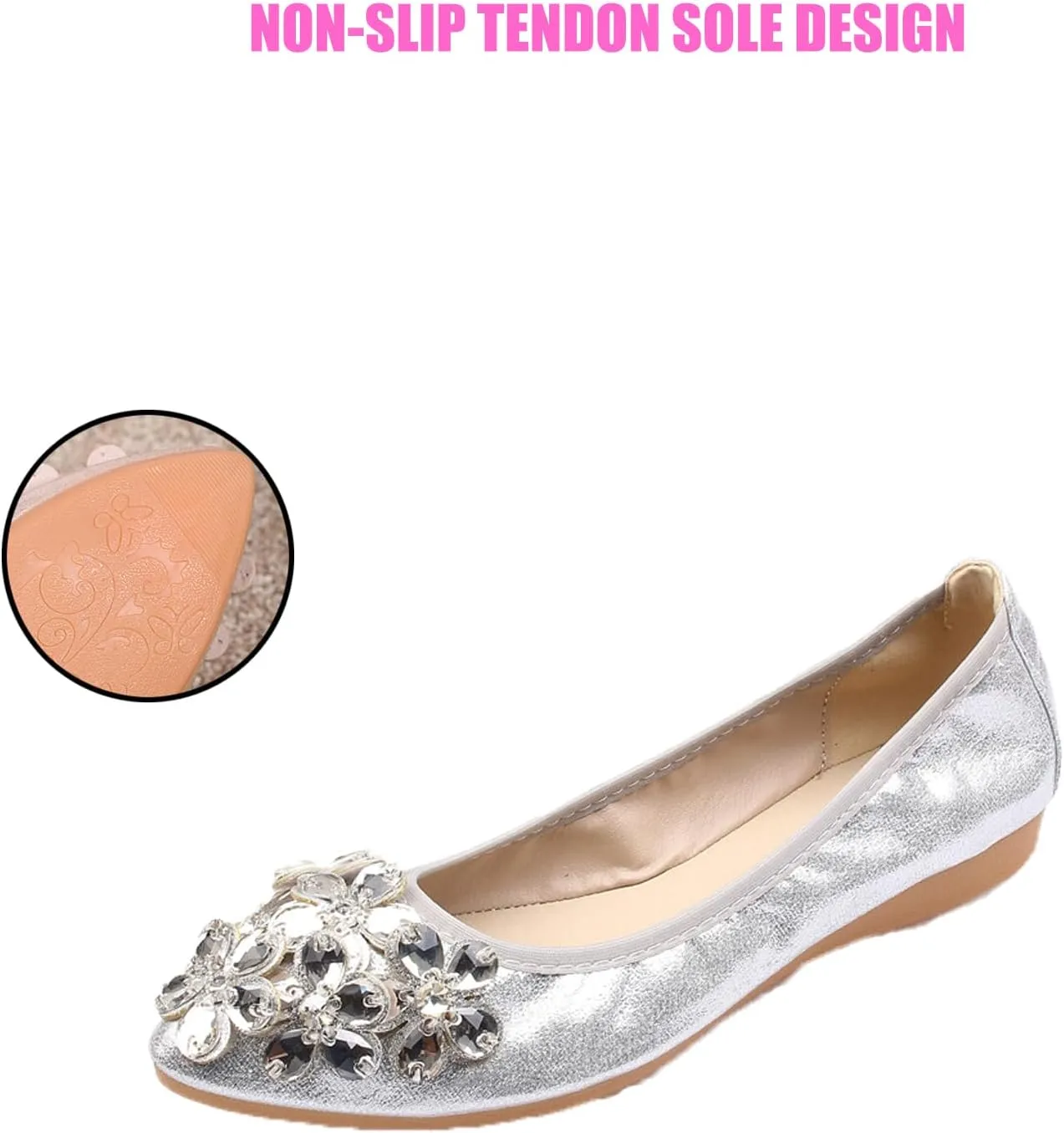 Traveltopp Women's Fashion Rhinestone Ballet Flats Foldable Comfortable Pointed Toe Slip-on Loafers Work Walking Bridal Dress Shoes