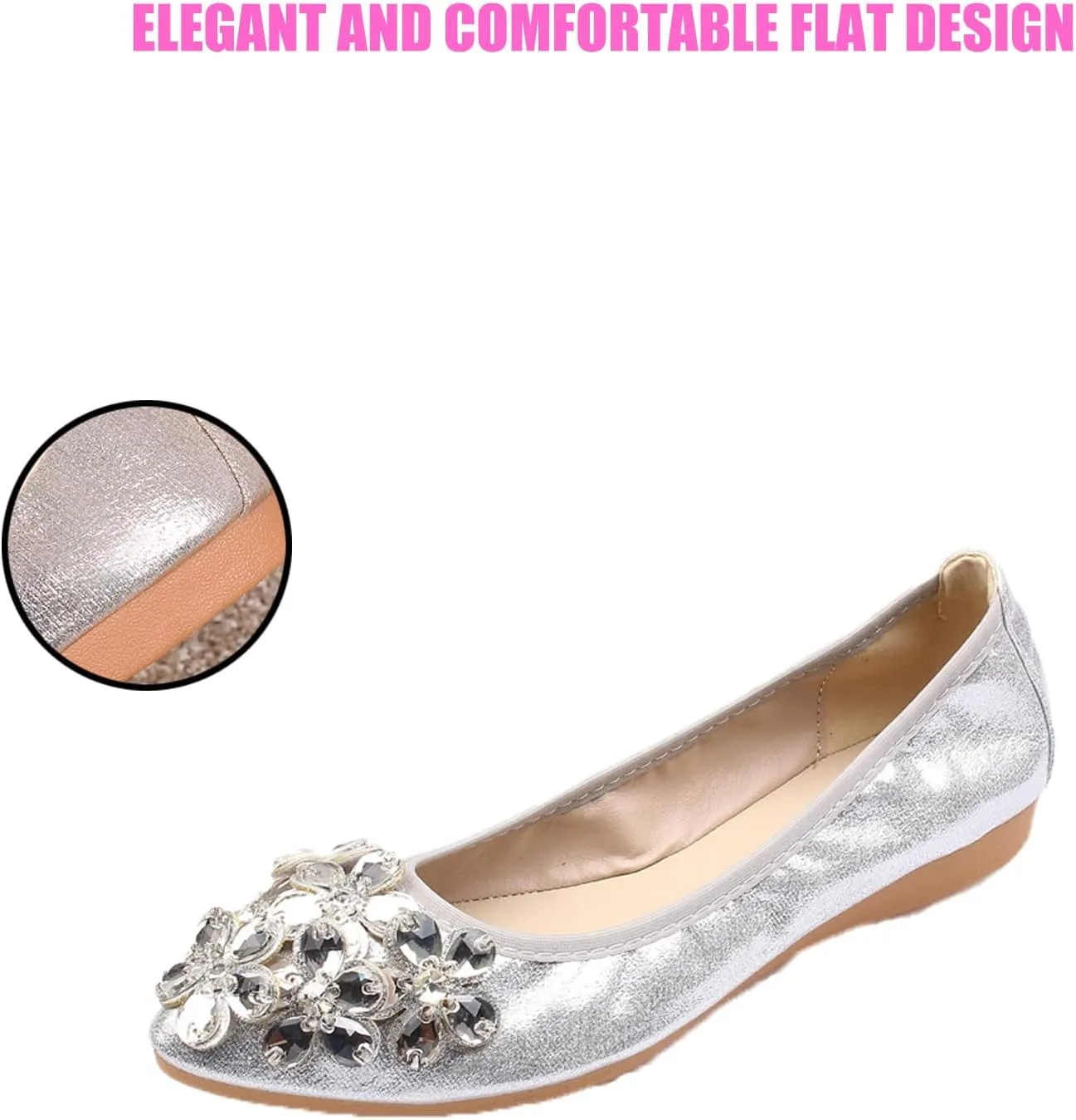 Traveltopp Women's Fashion Rhinestone Ballet Flats Foldable Comfortable Pointed Toe Slip-on Loafers Work Walking Bridal Dress Shoes