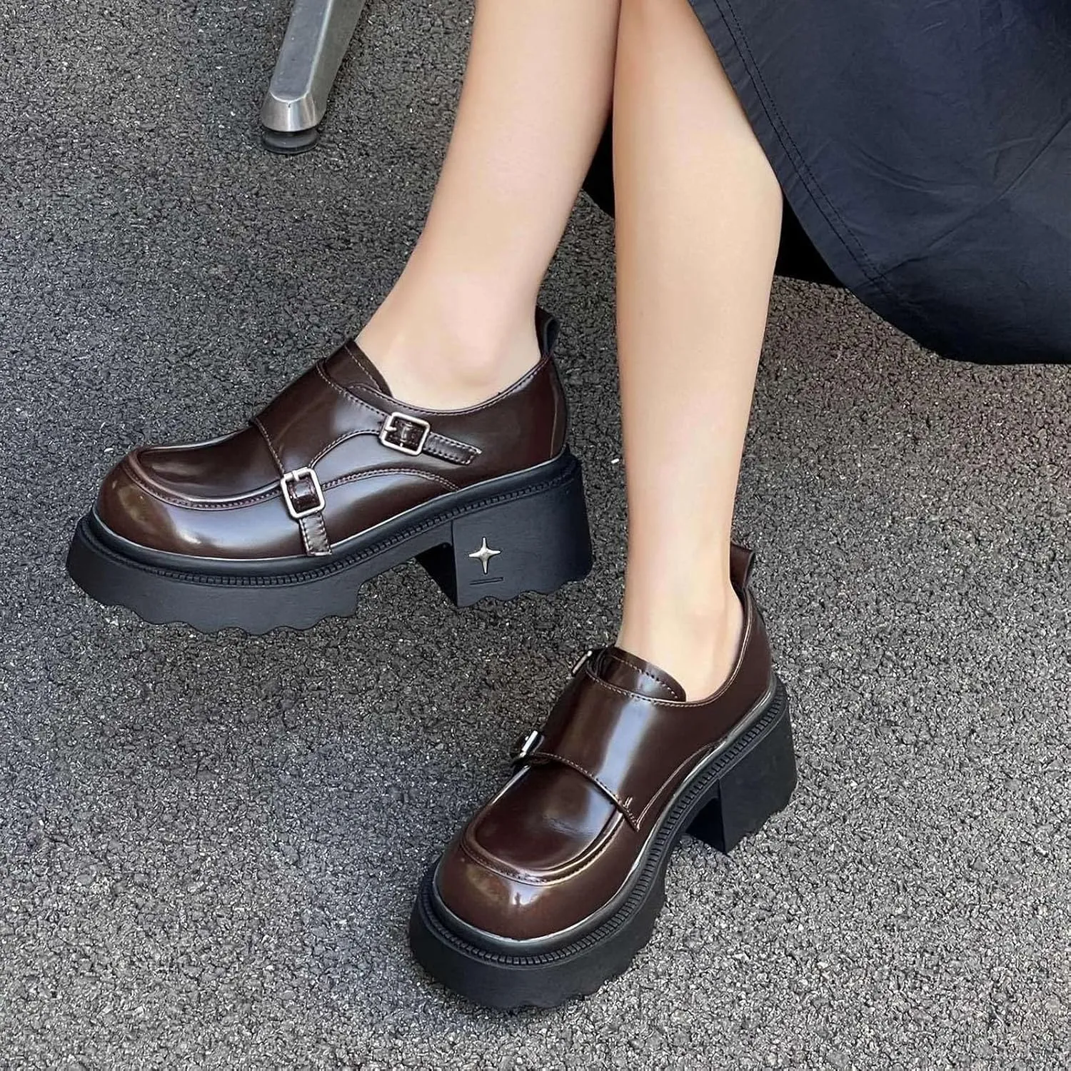 Women’s Monk Strap Platform Loafers Comfortable Round Toe Slip-On Chunky Heel Loafers Casual Work Dress Penny Shoes