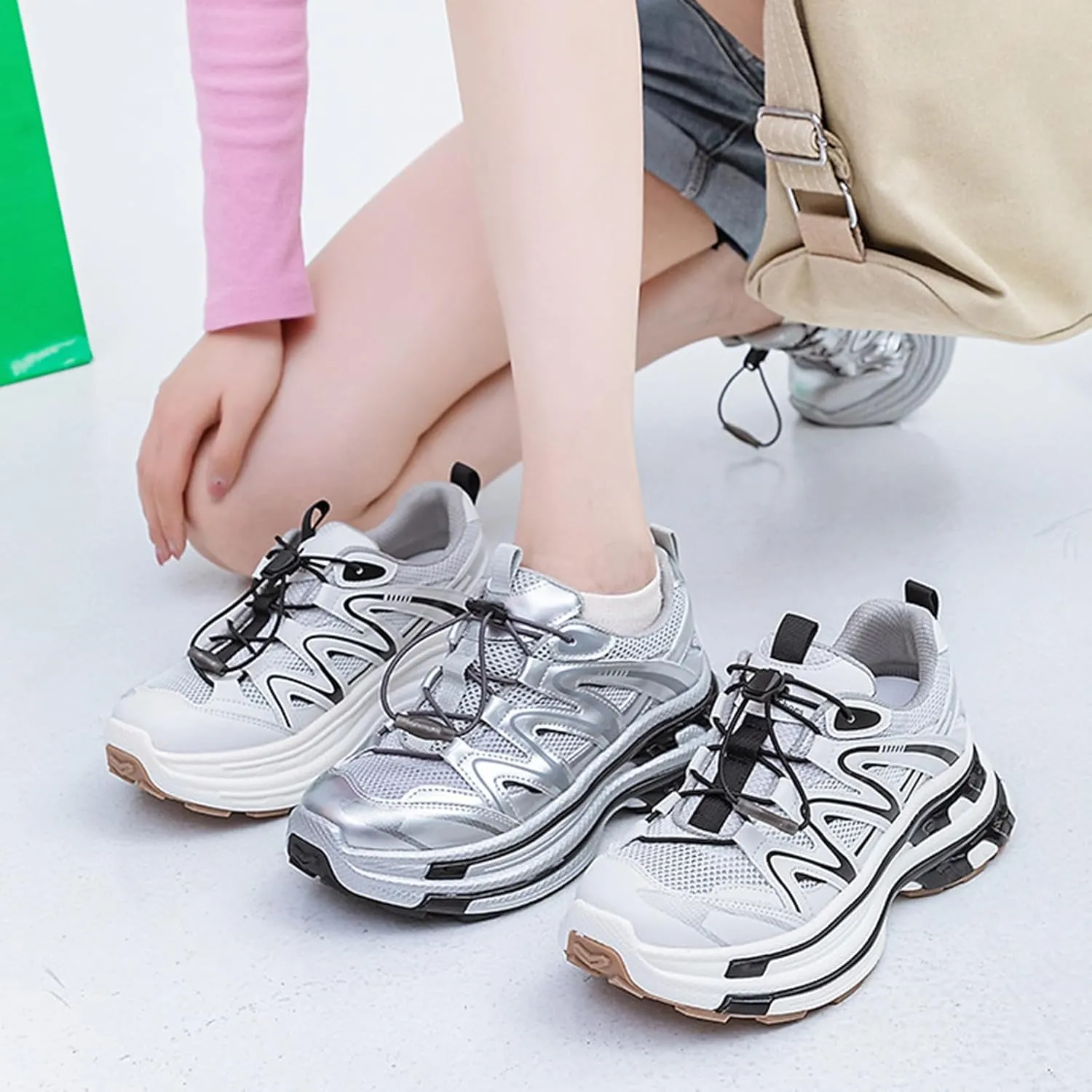 Women's Platform Trainers - Dad Sneaker Style Lace-up Mesh Sneakers for Casual Autumn Looks. Breathable/Lightweight with Round Toe,Silver-39