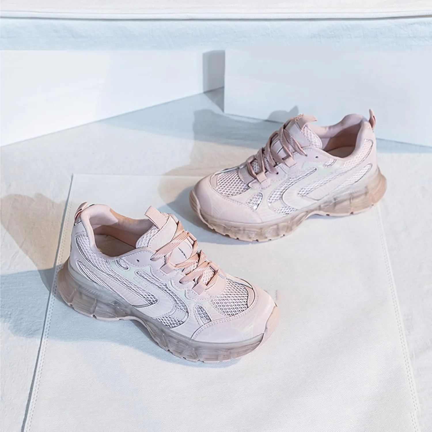 Women's Platform Trainers - Dad Sneaker Style with Transparent Bottom, Breathable Mesh and Lace-up for Casual Autumn Looks. Lightweight and Comfy,Pink-39