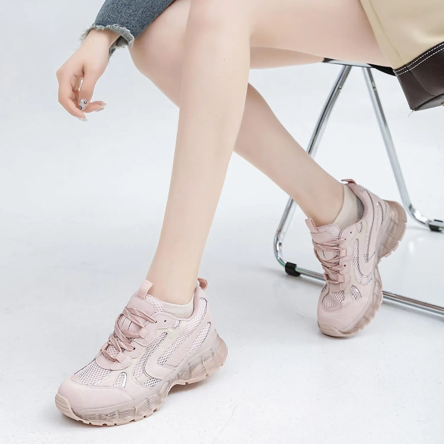 Women's Platform Trainers - Dad Sneaker Style with Transparent Bottom, Breathable Mesh and Lace-up for Casual Autumn Looks. Lightweight and Comfy,Pink-39