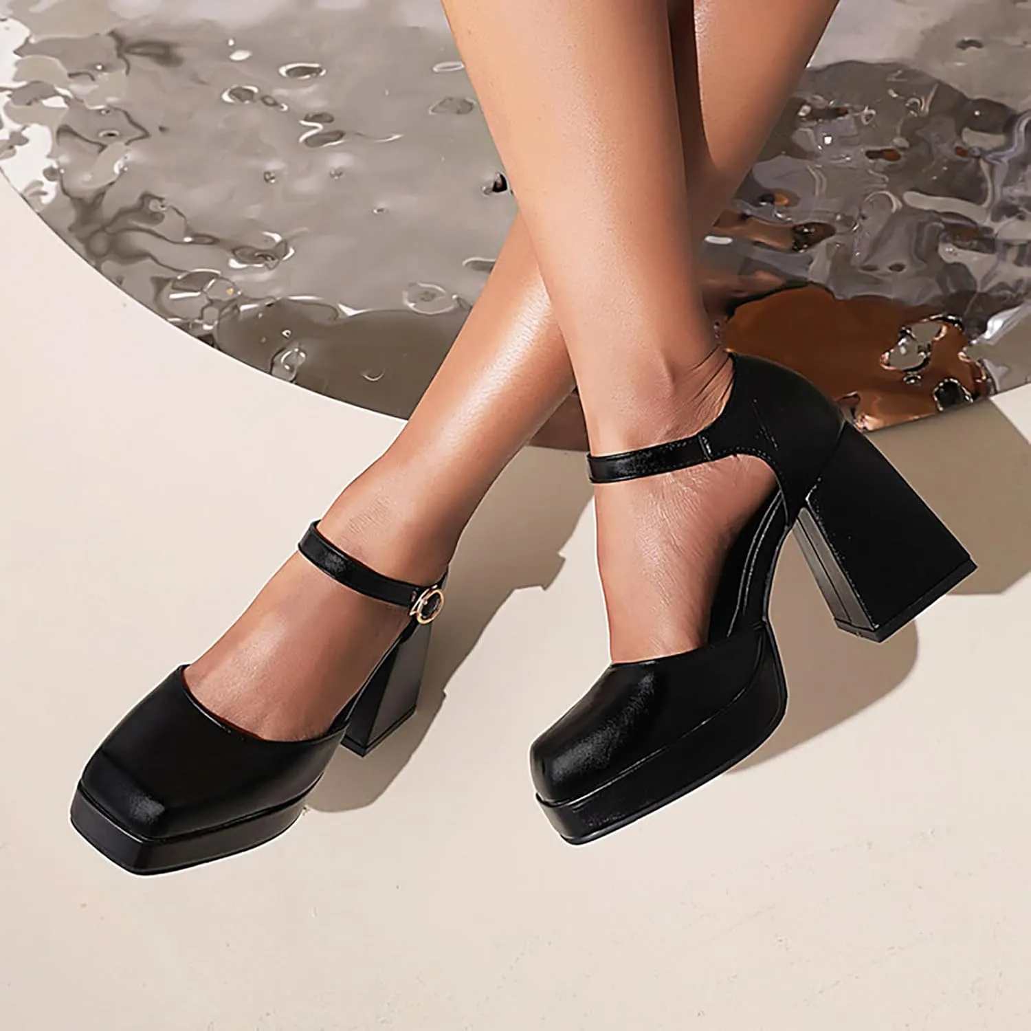 Women's Square Toe Chunky Heels Mary Jane Pumps,Fashion Adjustable Ankle Strap Closed Toe Comfortable Platform High Heels Cute Sexy Party Banquet Dress Pump Shoes