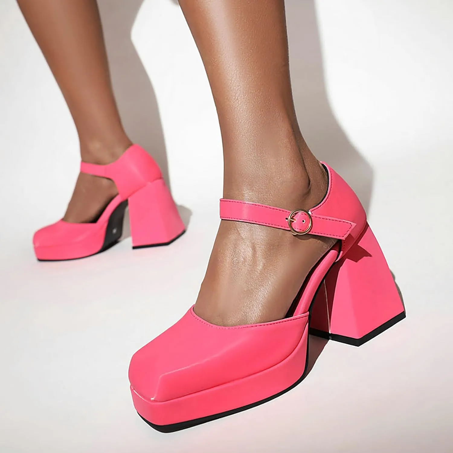 Women's Square Toe Chunky Heels Mary Jane Pumps,Fashion Adjustable Ankle Strap Closed Toe Comfortable Platform High Heels Cute Sexy Party Banquet Dress Pump Shoes
