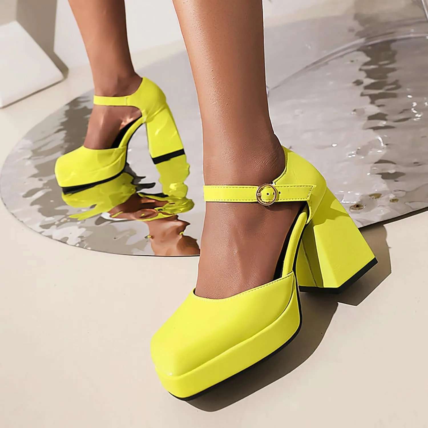 Women's Square Toe Chunky Heels Mary Jane Pumps,Fashion Adjustable Ankle Strap Closed Toe Comfortable Platform High Heels Cute Sexy Party Banquet Dress Pump Shoes