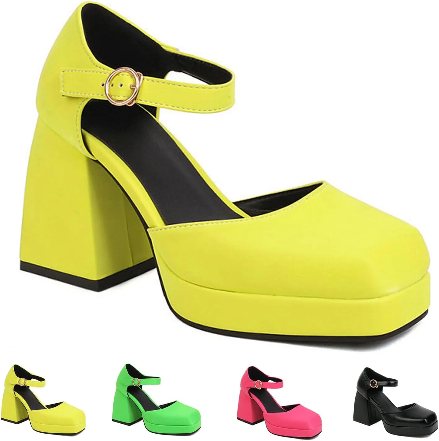 Women's Square Toe Chunky Heels Mary Jane Pumps,Fashion Adjustable Ankle Strap Closed Toe Comfortable Platform High Heels Cute Sexy Party Banquet Dress Pump Shoes
