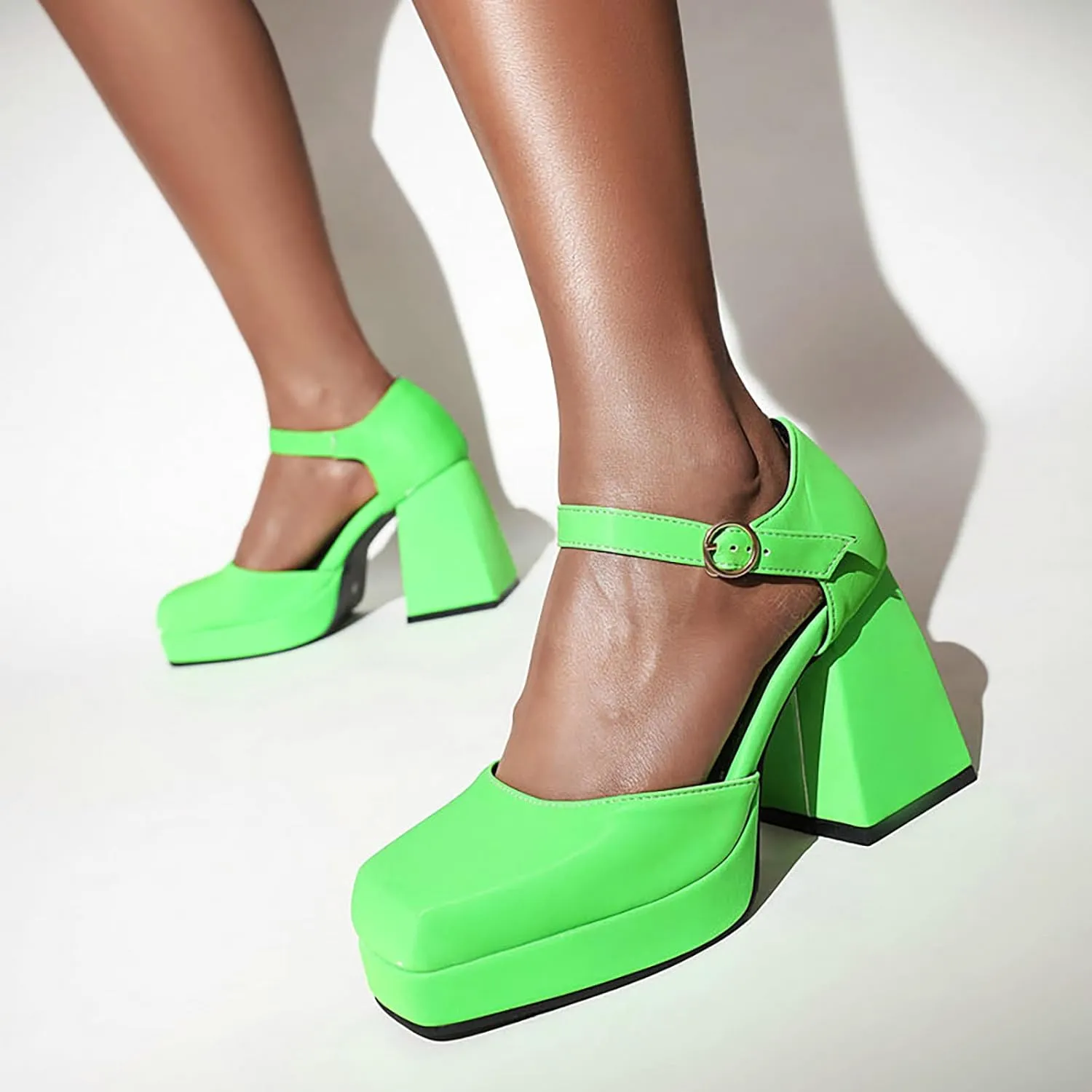 Women's Square Toe Chunky Heels Mary Jane Pumps,Fashion Adjustable Ankle Strap Closed Toe Comfortable Platform High Heels Cute Sexy Party Banquet Dress Pump Shoes