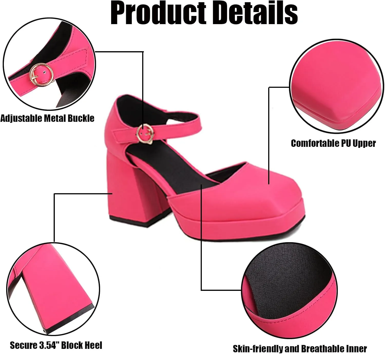 Women's Square Toe Chunky Heels Mary Jane Pumps,Fashion Adjustable Ankle Strap Closed Toe Comfortable Platform High Heels Cute Sexy Party Banquet Dress Pump Shoes