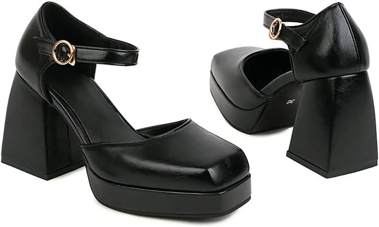 Women's Square Toe Chunky Heels Mary Jane Pumps,Fashion Adjustable Ankle Strap Closed Toe Comfortable Platform High Heels Cute Sexy Party Banquet Dress Pump Shoes