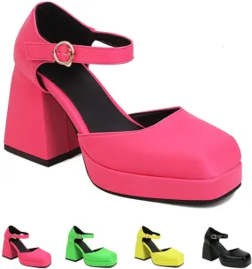 Women's Square Toe Chunky Heels Mary Jane Pumps,Fashion Adjustable Ankle Strap Closed Toe Comfortable Platform High Heels Cute Sexy Party Banquet Dress Pump Shoes