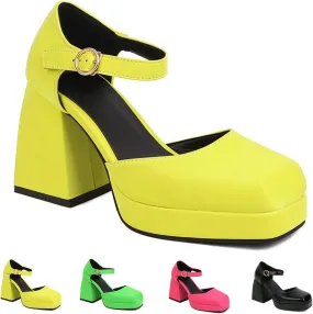 Women's Square Toe Chunky Heels Mary Jane Pumps,Fashion Adjustable Ankle Strap Closed Toe Comfortable Platform High Heels Cute Sexy Party Banquet Dress Pump Shoes