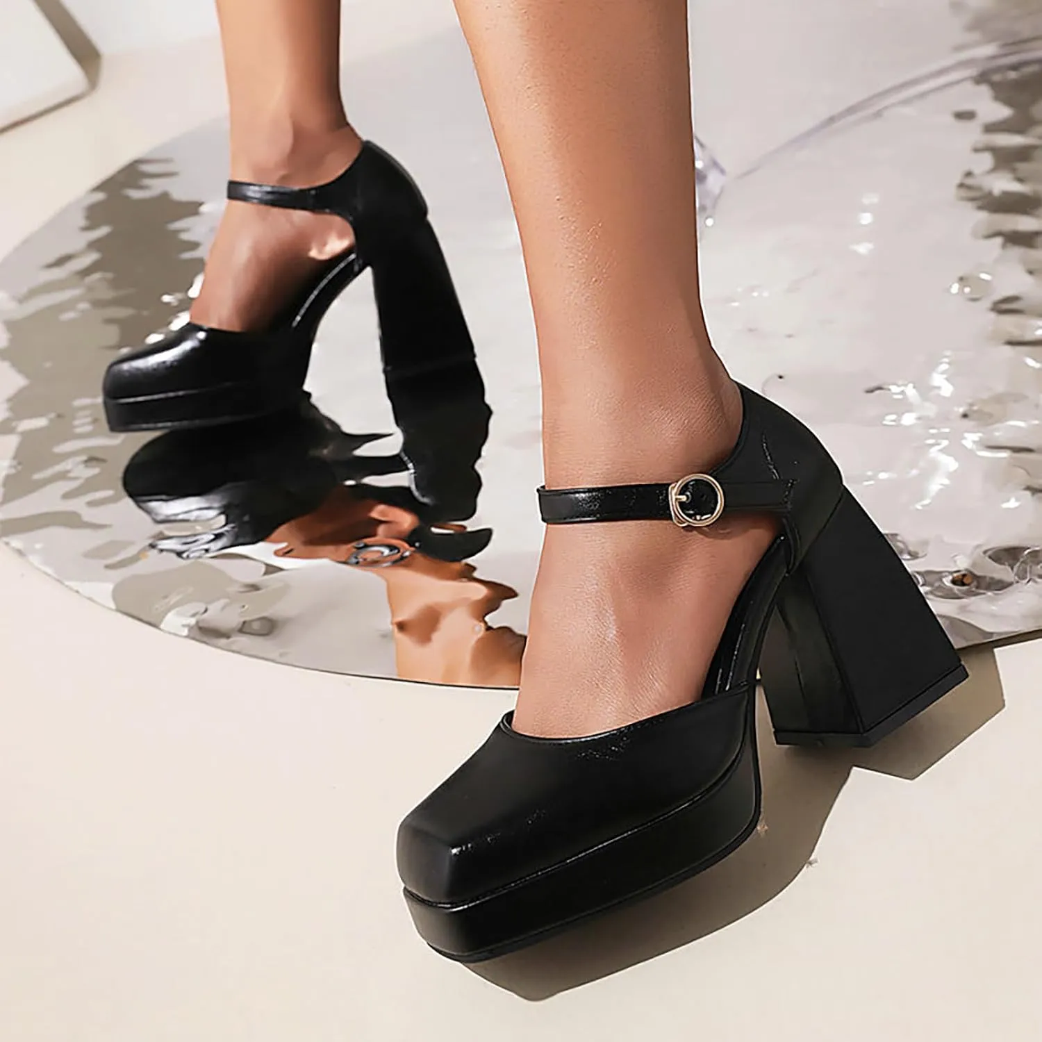 Women's Square Toe Chunky Heels Mary Jane Pumps,Fashion Adjustable Ankle Strap Closed Toe Comfortable Platform High Heels Cute Sexy Party Banquet Dress Pump Shoes