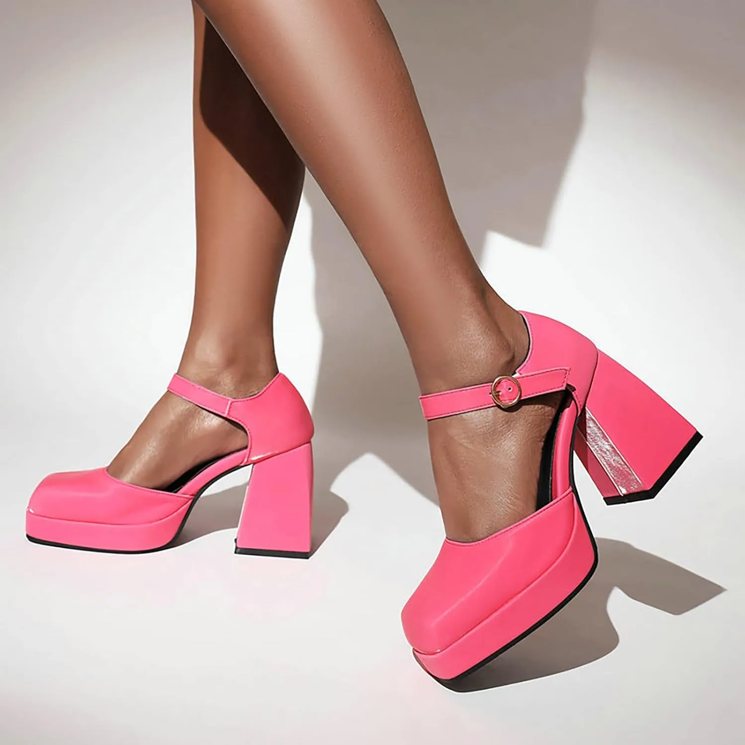Women's Square Toe Chunky Heels Mary Jane Pumps,Fashion Adjustable Ankle Strap Closed Toe Comfortable Platform High Heels Cute Sexy Party Banquet Dress Pump Shoes