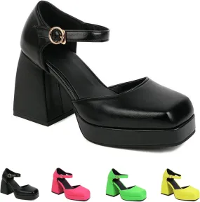 Women's Square Toe Chunky Heels Mary Jane Pumps,Fashion Adjustable Ankle Strap Closed Toe Comfortable Platform High Heels Cute Sexy Party Banquet Dress Pump Shoes