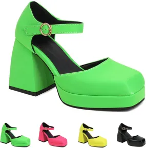 Women's Square Toe Chunky Heels Mary Jane Pumps,Fashion Adjustable Ankle Strap Closed Toe Comfortable Platform High Heels Cute Sexy Party Banquet Dress Pump Shoes